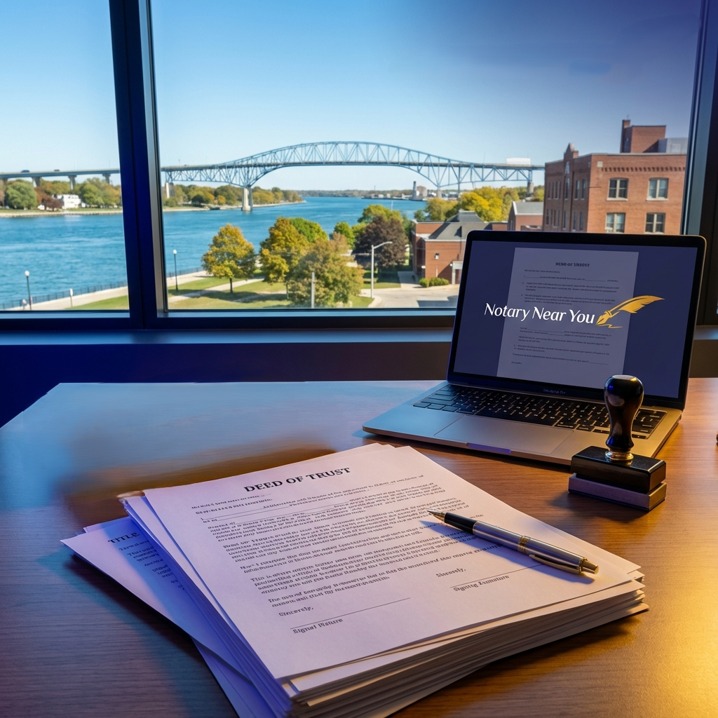 A real estate document sitting on a desk waiting to be notarized. The Blue Water Bridge is clearly visible in the background.