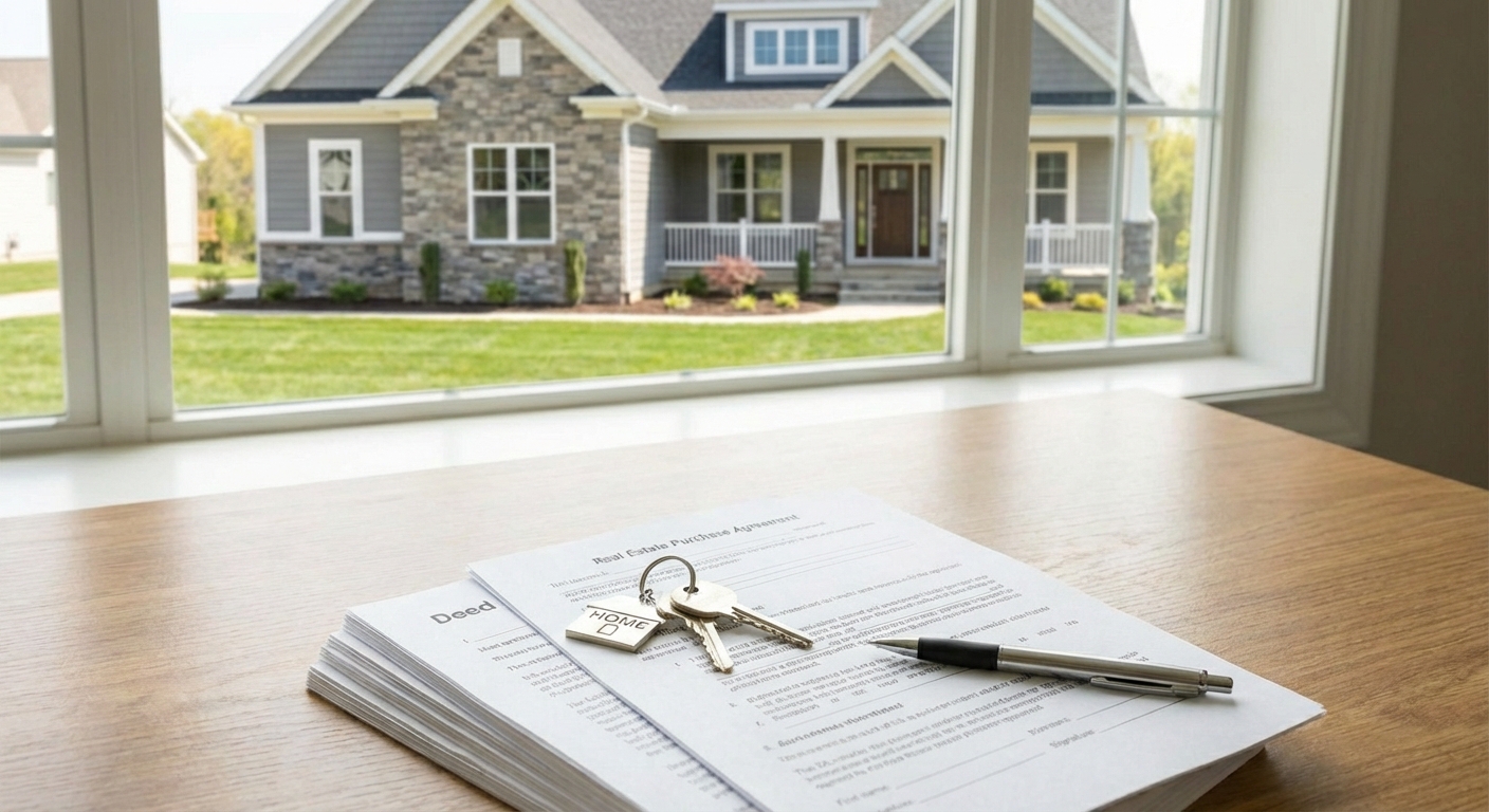 A notarized real estate document on a wooden desk. Keys to house are sitting on desk.