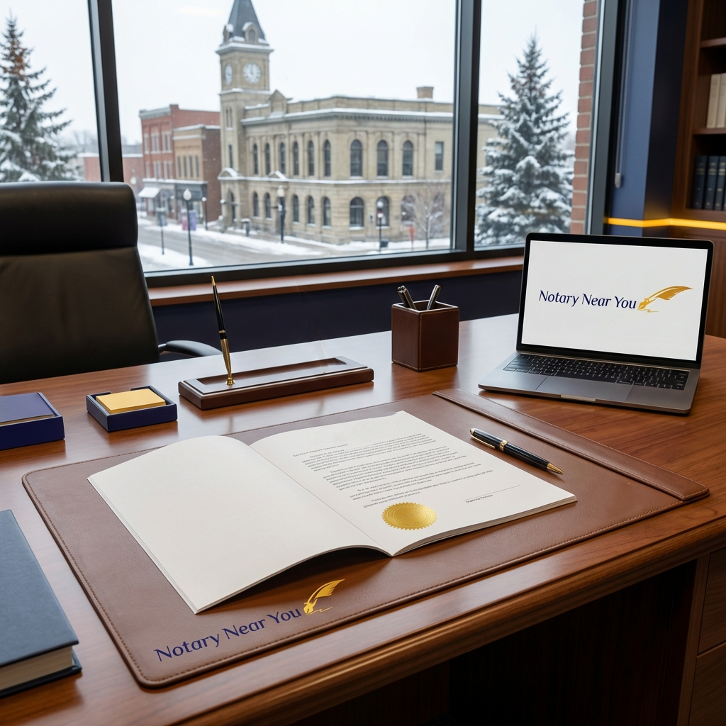 A document waiting to be notarized, sitting on a branded "Notary Near You" desk mat.