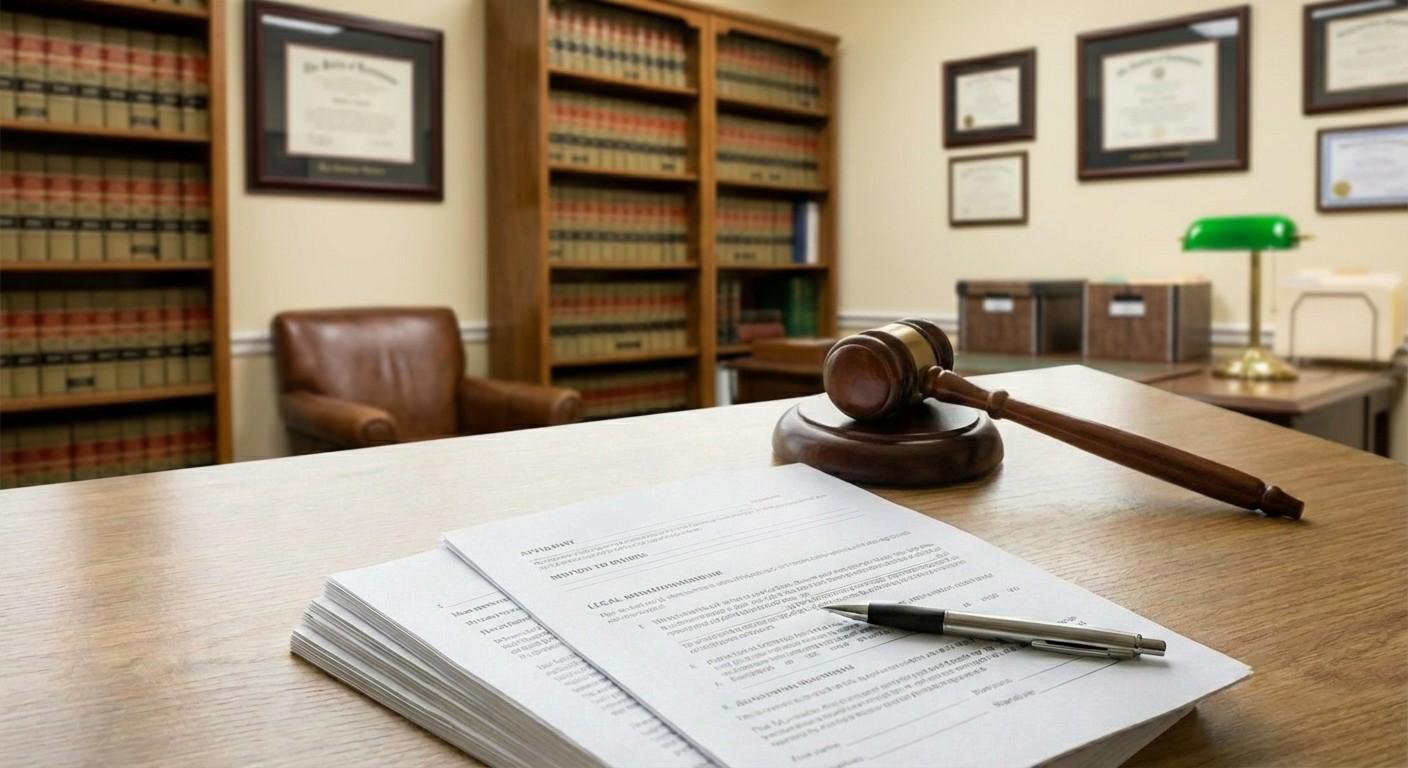 A notarized legal document on a judge's wooden desk.