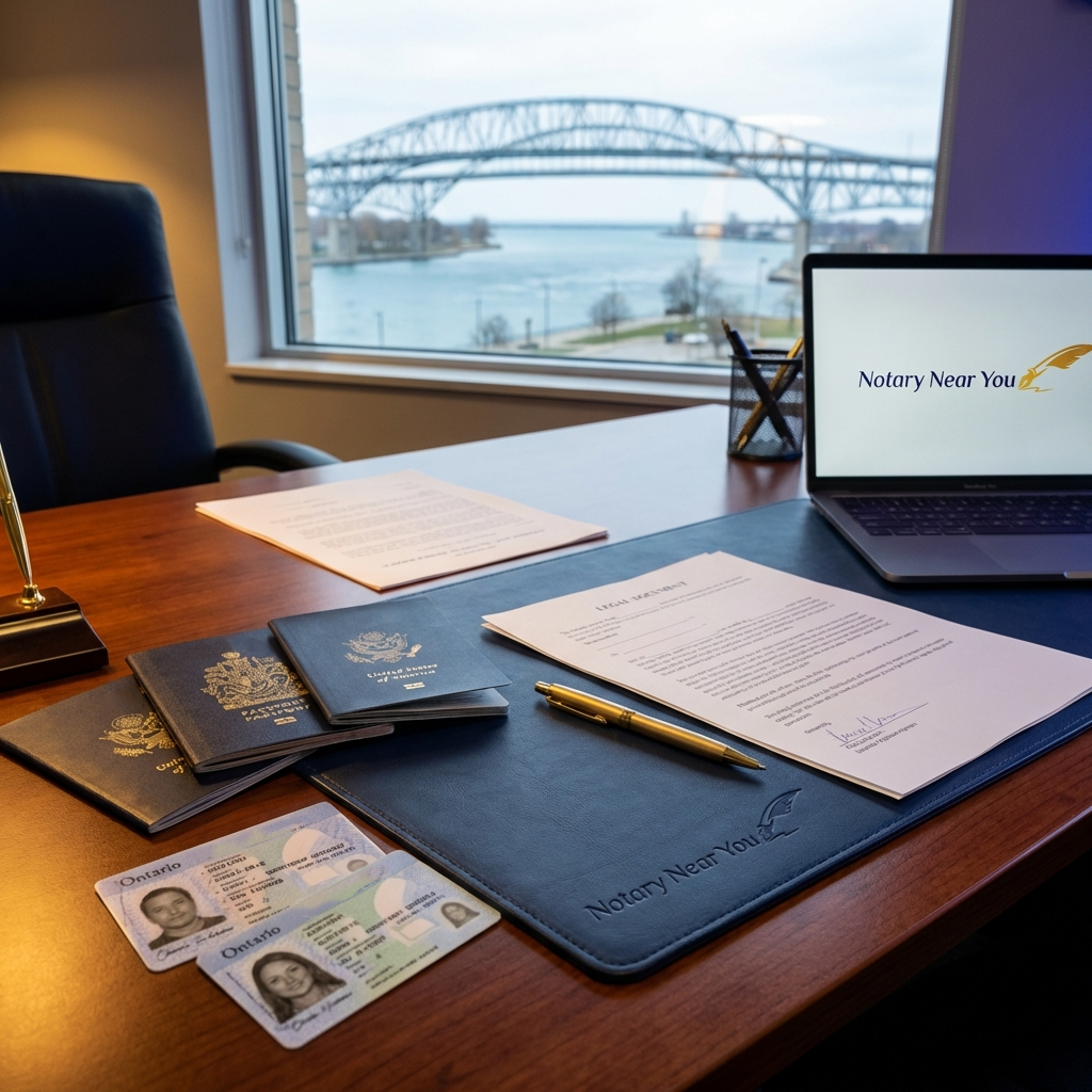 A notarized travel document sitting on a desk next to Canadian passports and Ontario drivers licenses.
