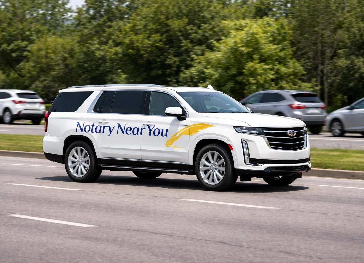 A white Chevolet Suburban with the "Notary Near You" logo printed on the side.